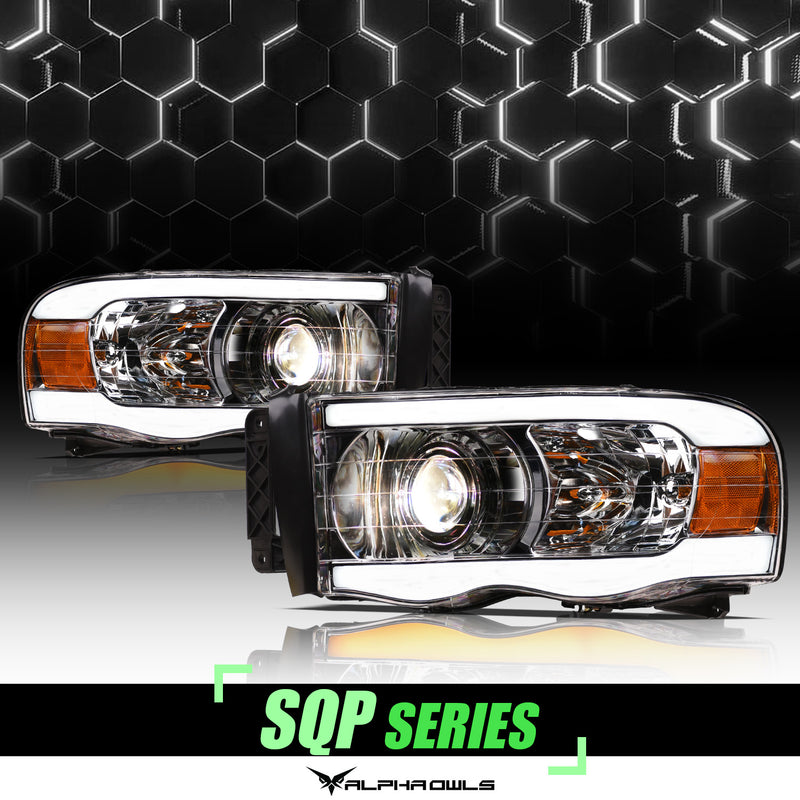 Alpha Owls 2003-2005 2500/3500 Dodge Ram 1500 SQP Series Projector Headlights (Halogen Projector Chrome housing w/ Sequential Signal/LumenX Light Bar)