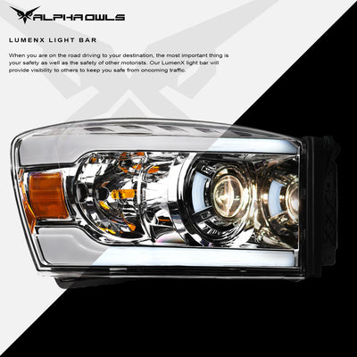 Alpha Owls 2006-2008 Dodge Ram 1500 LMP Series Projector Headlights (Halogen Projector Chrome housing w/ LumenX Light Bar)