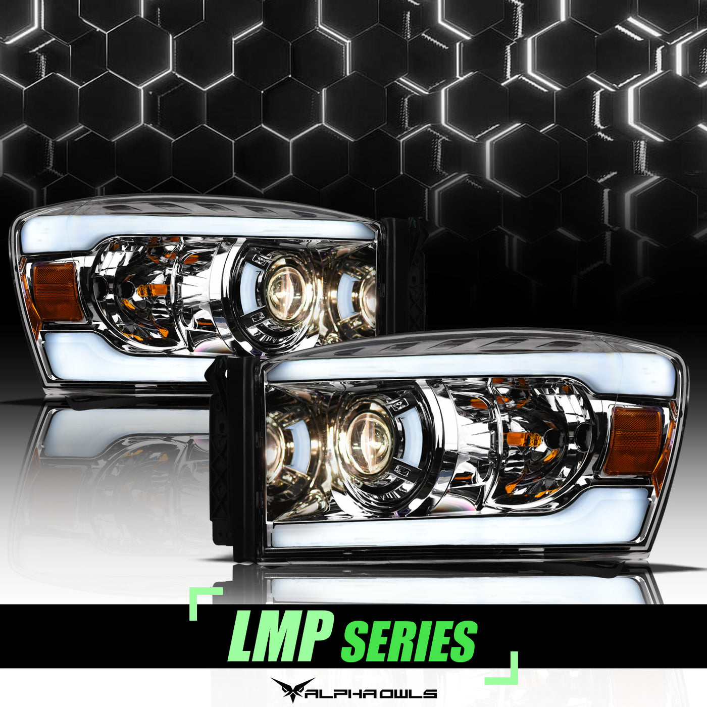 Alpha Owls 2006-2008 Dodge Ram 1500 LMP Series Projector Headlights (Halogen Projector Chrome housing w/ LumenX Light Bar)