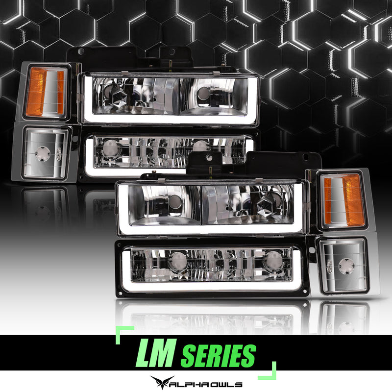 Alpha Owls 1995-1999 Chevy Tahoe LM Series Headlights w/Corner Lights (Crystal Headlights Chrome housing w/ LumenX Light Bar)