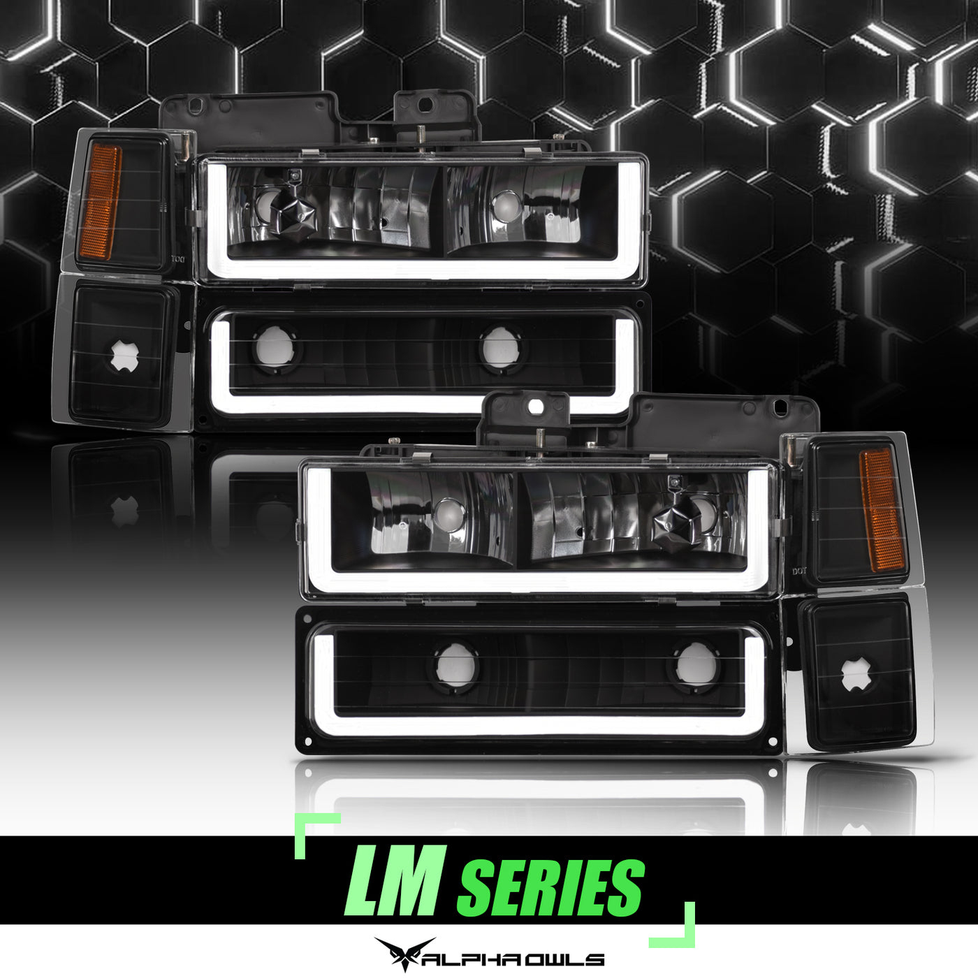 Alpha Owls 1994-1998 GMC C-Series 1500 LM Series Headlights w/Corner Lights (Crystal Headlights Black housing w/ LumenX Light Bar)