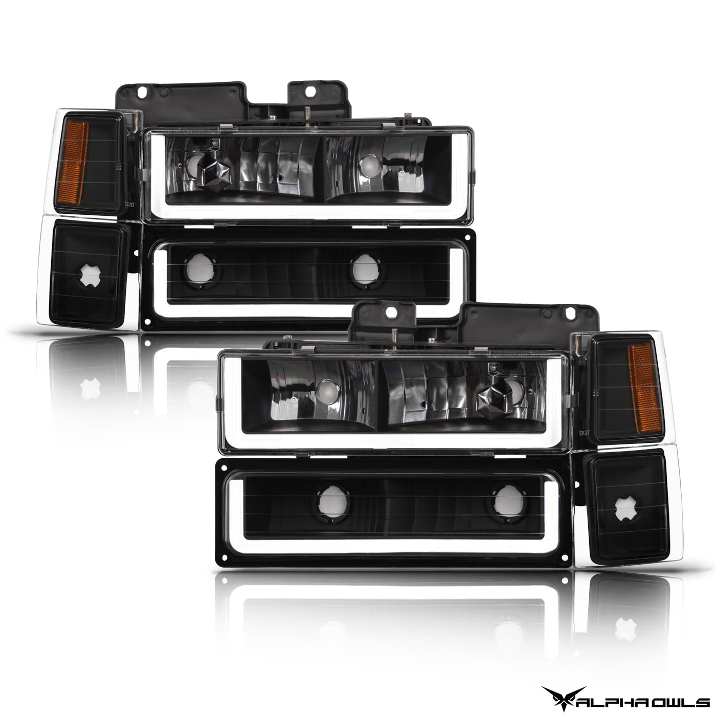 Alpha Owls 1994-1999 Chevy Tahoe LM Series Headlights w/Corner Lights (Crystal Headlights Black housing w/ LumenX Light Bar)