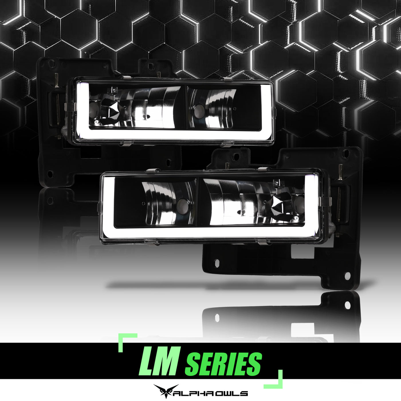 Alpha Owls 1988-1999 Chevy K-Series 3500 LM Series Headlights (Crystal Headlights Black housing w/ LumenX Light Bar)