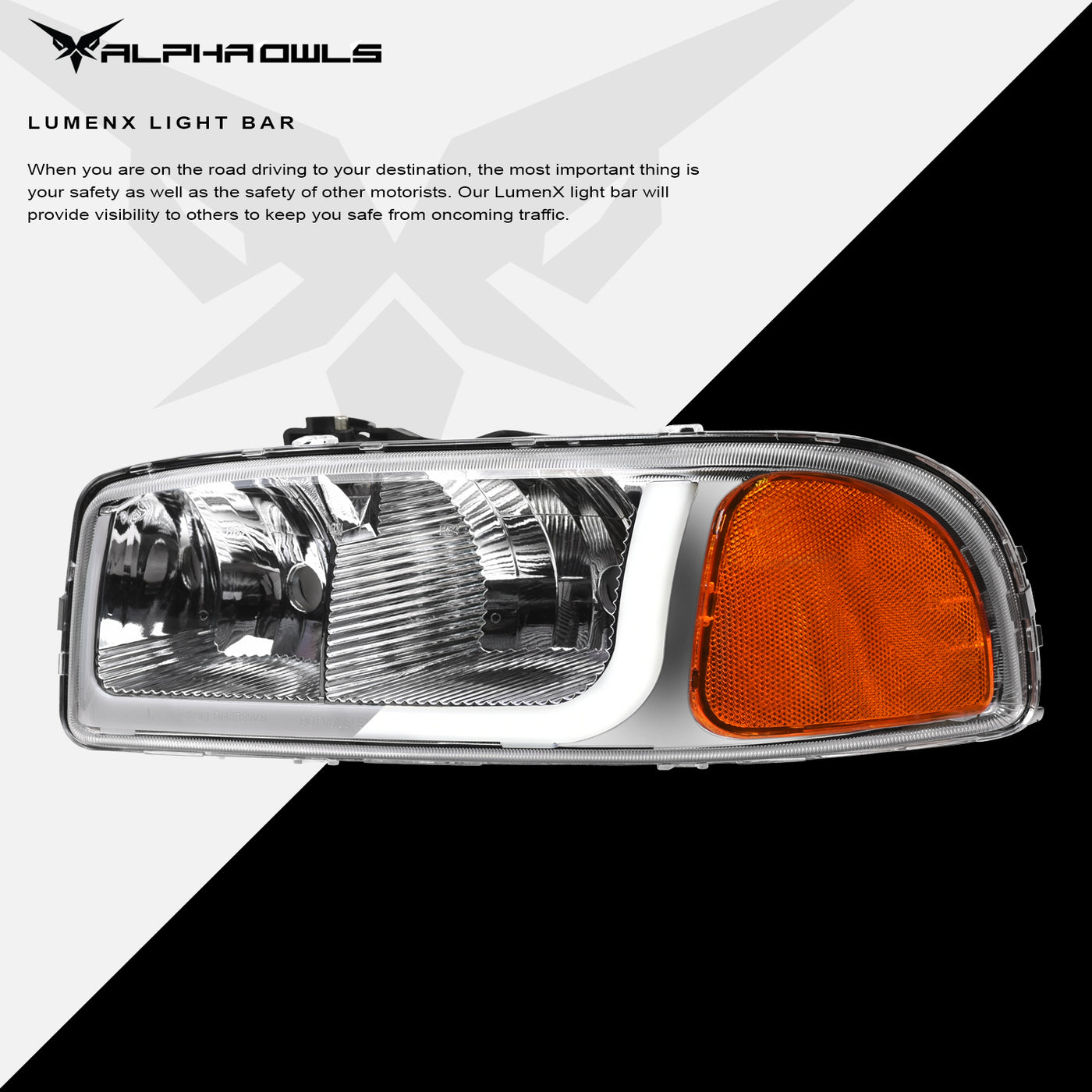Alpha Owls 2001-2006 GMC Sierra 3500 LM Series Headlights (Crystal Headlights Chrome housing w/ LumenX Light Bar)