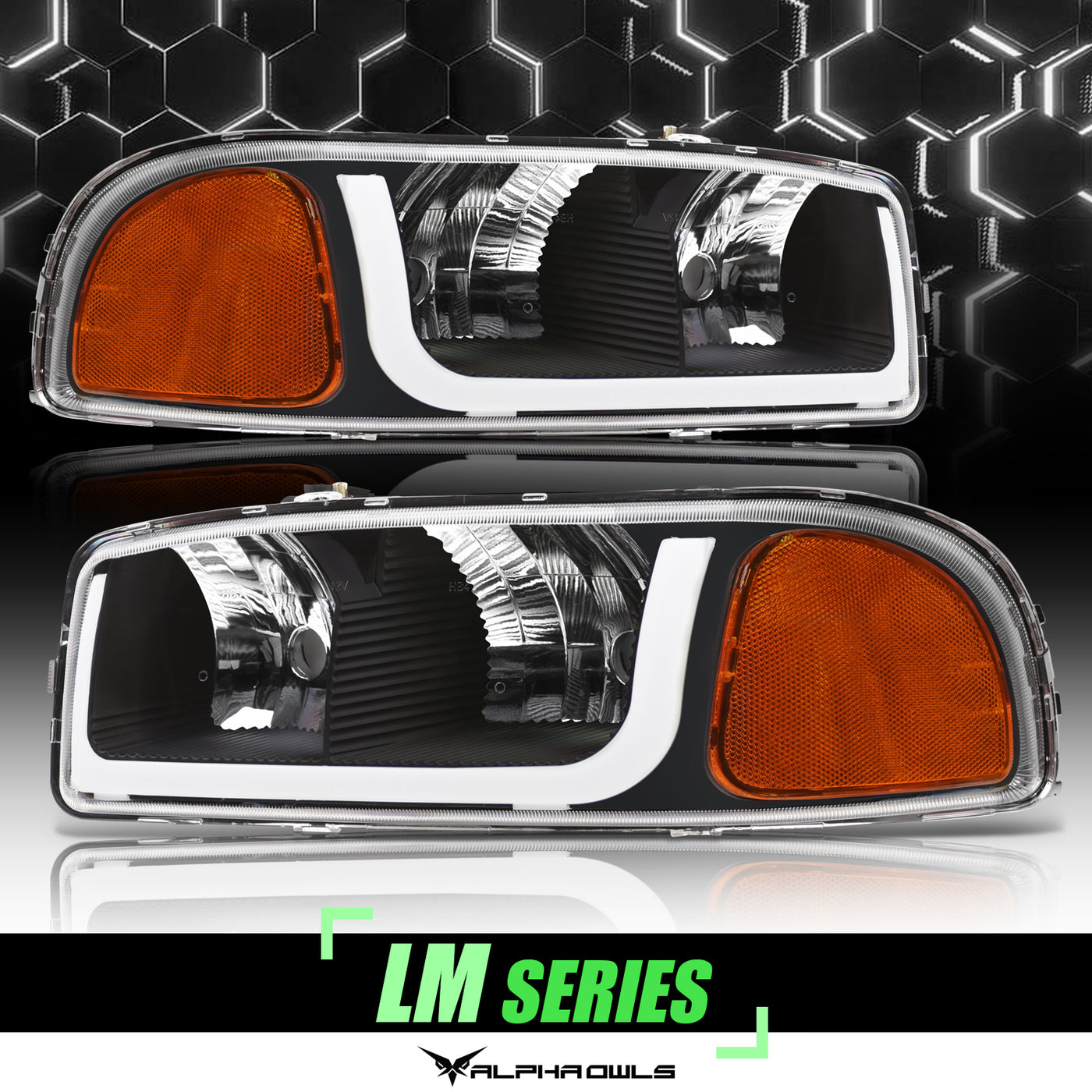 Alpha Owls Headlights, Alpha Owls GMC Headlights, GMC 2000-2006 Headlights, Yukon Headlights, Headlights, Black housing Headlights