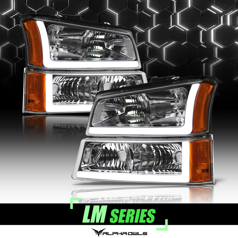 Alpha Owls 2003-2006 Chevy Silverado 3500 LM Series Headlights (Crystal Headlights Chrome housing w/ LumenX Light Bar)