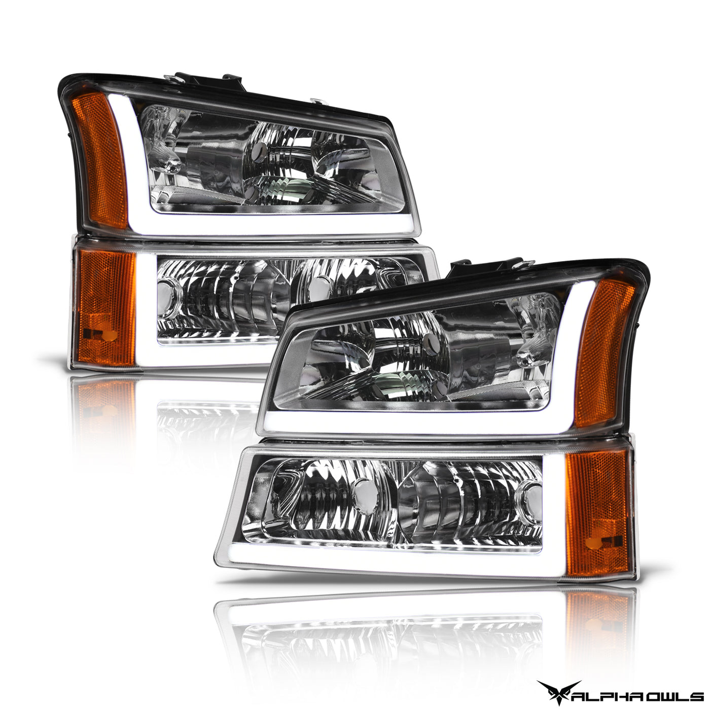 Alpha Owls 2003-2006 Chevy Silverado 3500 LM Series Headlights (Crystal Headlights Chrome housing w/ LumenX Light Bar)