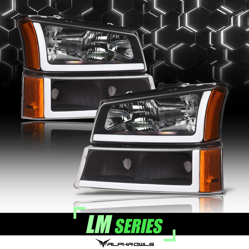 Alpha Owls 2003-2006 Chevy Silverado 2500 LM Series Headlights (Crystal Headlights Black housing w/ LumenX Light Bar)