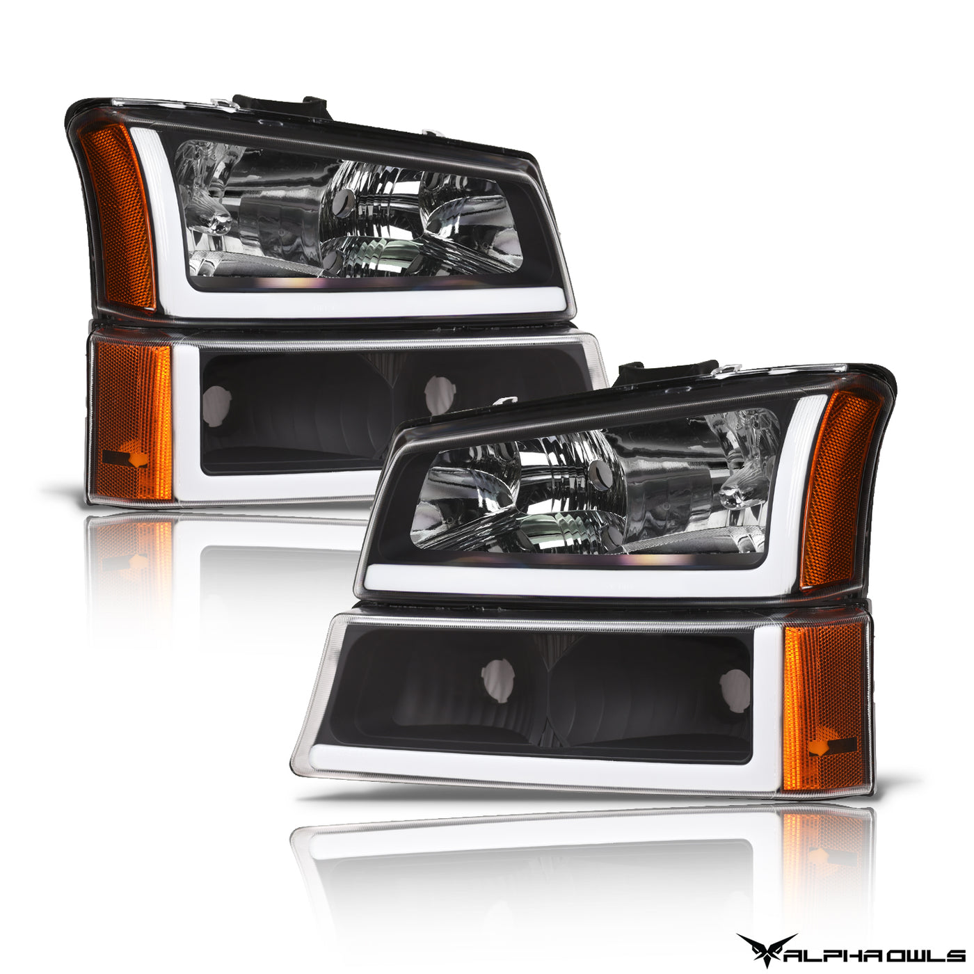 Alpha Owls 2003-2006 Chevy Silverado 2500 LM Series Headlights (Crystal Headlights Black housing w/ LumenX Light Bar)