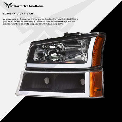 Alpha Owls 2003-2006 Chevy Silverado 2500 LM Series Headlights (Crystal Headlights Black housing w/ LumenX Light Bar)