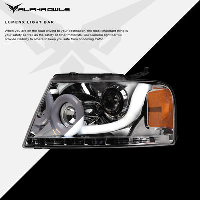 Alpha Owls 2004-2008 Ford F-150 LMP Series Headlights (Halogen Projector Chrome housing w/ LumenX Light Bar)