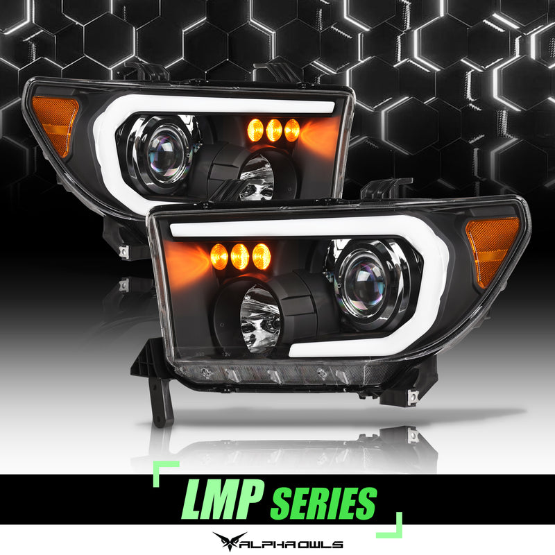 Alpha Owls 2008-2015 Toyota Sequoia LMP Series Headlights (Halogen Projector Black housing w/ LumenX Light Bar)