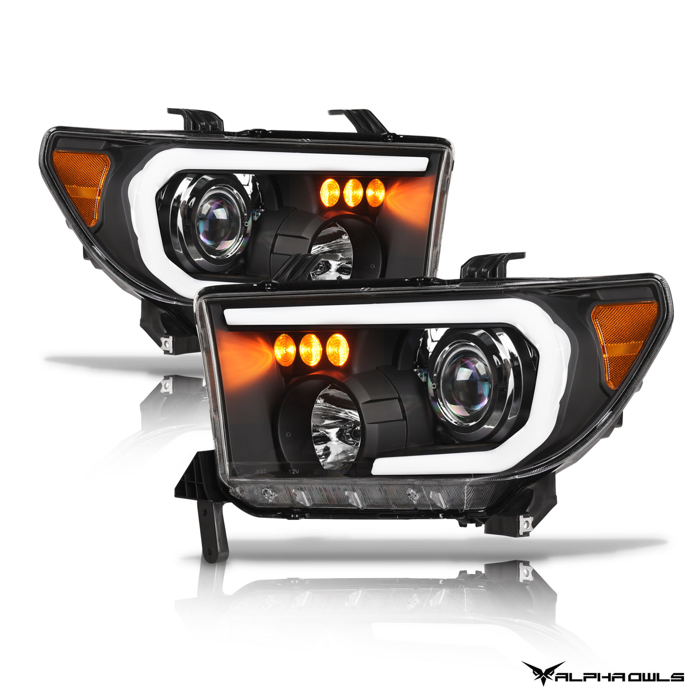 Alpha Owls 2008-2015 Toyota Sequoia LMP Series Headlights (Halogen Projector Black housing w/ LumenX Light Bar)