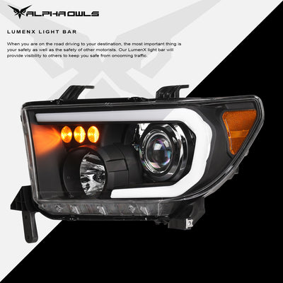 Alpha Owls 2007-2013 Toyota Tundra LMP Series Headlights (Halogen Projector Black housing w/ LumenX Light Bar)