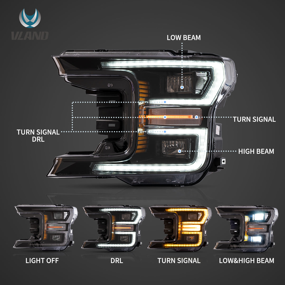 18-20 Ford F150 13th Gen Vland LED Dual Beam Projector HeadLights With Start Up Animation Black