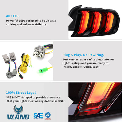 15-22 Ford Mustang 6th Gen (S550) Vland LED Tail Lights with 5 modes Sequential Turn Signal