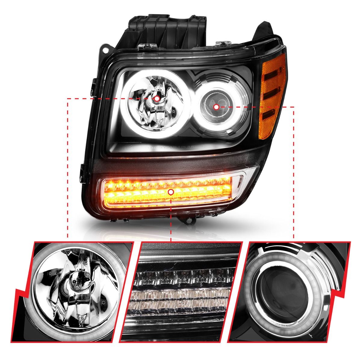 Dodge Nitro Projector Headlights, Nitro Projector Headlights, 2007-2012 Projector Headlights, Black Projector Headlights, Anzo Projector Headlights, LED Projector Headlights