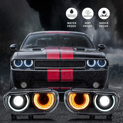 VLAND LED Halo Headlights For Dodge Challenger 2008-2014 Dual Beam DRL(White) With Sequential Turn Signals